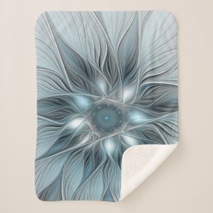 Cobertor Sherpa Flor Abstrata Alegre Azul Cinza Fractal Floral