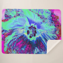 Cobertor Sherpa Flor de Hibisco Azul e Verde Retroativo Psicodélic