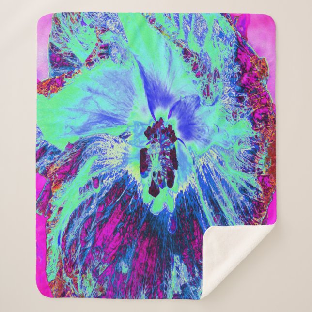 Cobertor Sherpa Flor de Hibisco Azul e Verde Retroativo Psicodélic (Frente)