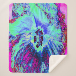 Cobertor Sherpa Flor de Hibisco Verde e Azul Psicodélico Retro