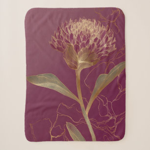 Cobertor Sherpa Flor Protea Dourada Bordô Ilustração Botânica