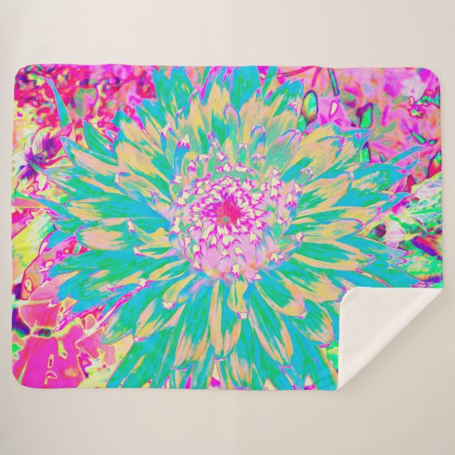 Cobertor Sherpa Flor Verde-Teal-Quente e Dália Rosa-Quente (Frente (Horizontal))