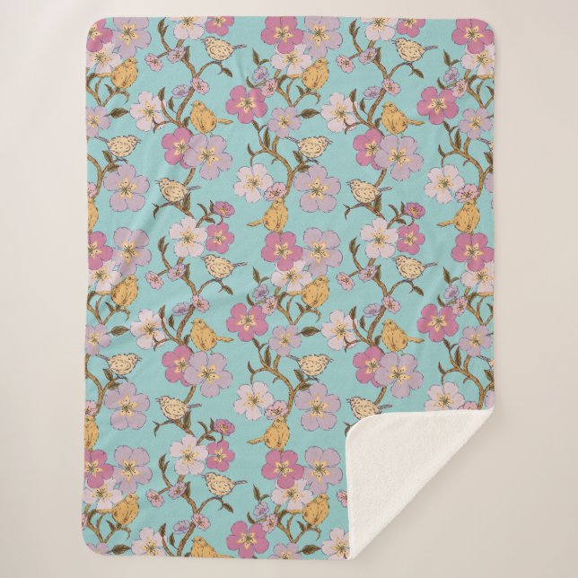 Cobertor Sherpa Florais e Pássaros de Reboque Whimsical - Turquesa (Frente)