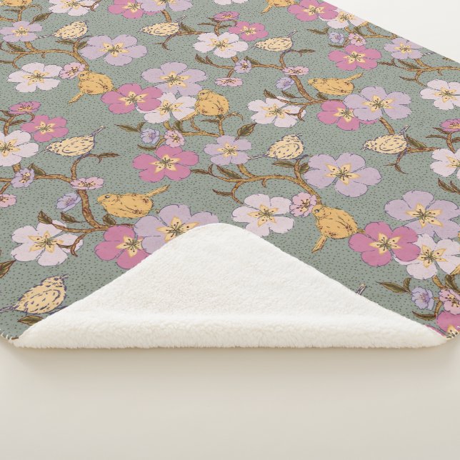 Cobertor Sherpa Florais e Pássaros de Reboque Whimsical - Verde Sa (3/4)