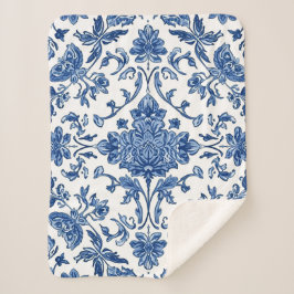 Cobertor Sherpa Floral Azul Chinoiserie Aquarela Branca