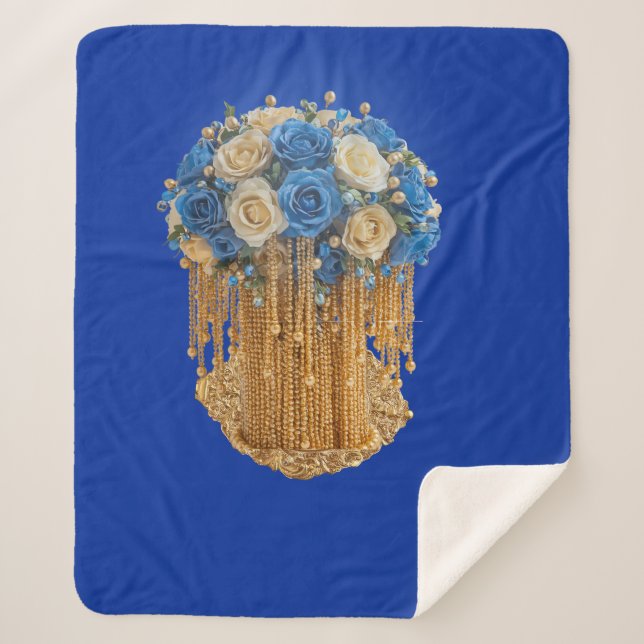 Cobertor Sherpa Floral Azul Real e Dourado (Frente)