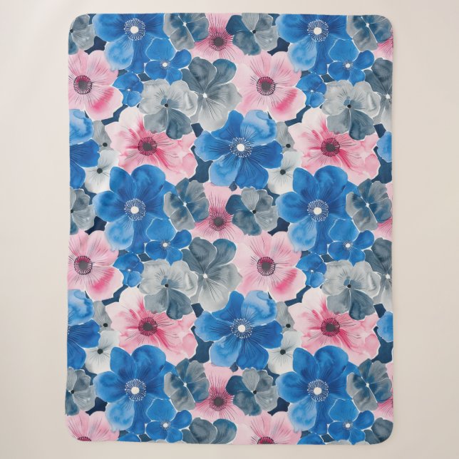 Cobertor Sherpa Floral Azul-Rosa-Chic (Frente)