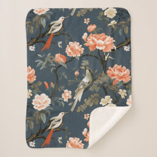 Cobertor Sherpa Floral Chinoiserie sobre Denim Blue