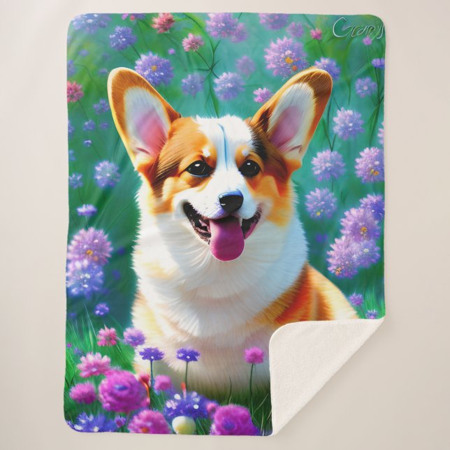 Cobertor Sherpa Floral Corgi (Frente)