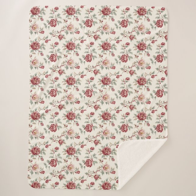 Cobertor Sherpa Floral Creme Vermelho Chic Bonito  (Frente)