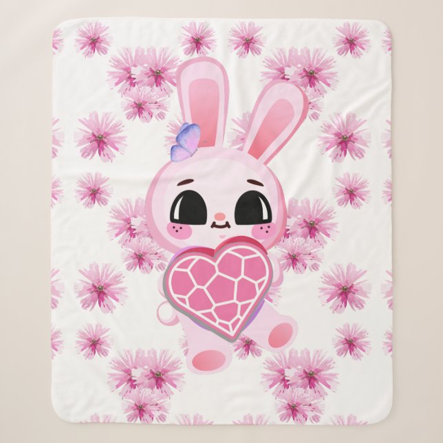 Cobertor Sherpa Floral cute pink rabbit easter (Frente)