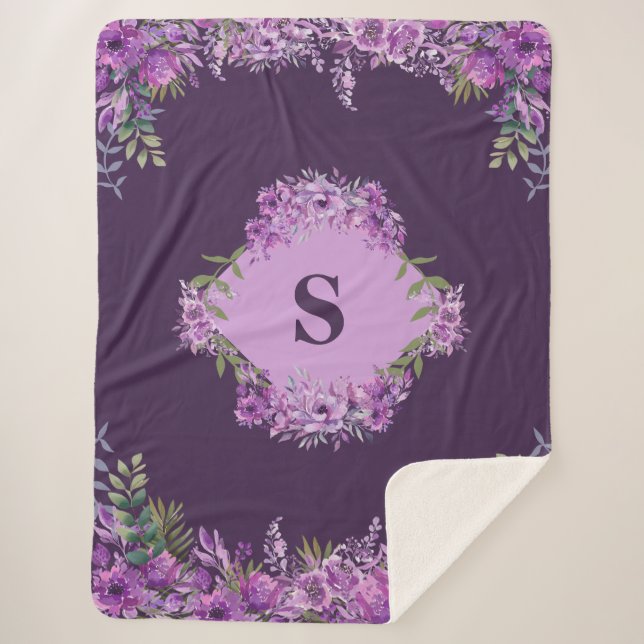 Cobertor Sherpa Floral de beringela roxa personalizada (Frente)