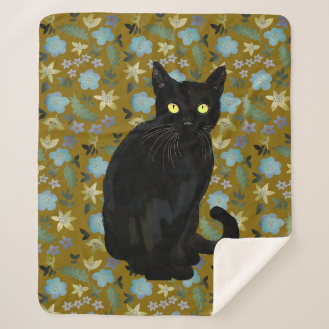 Cobertor Sherpa floral de gato preto (Frente)