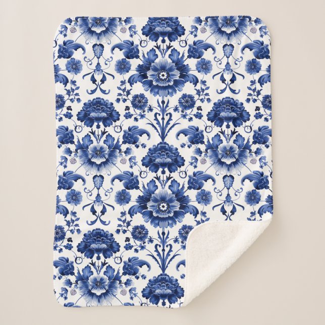 Cobertor Sherpa Floral Delft Blue (Frente)