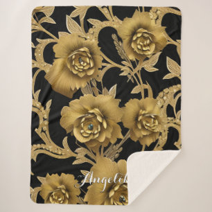 Cobertor Sherpa Floral Name Throw Blanket - Preto e Dourado