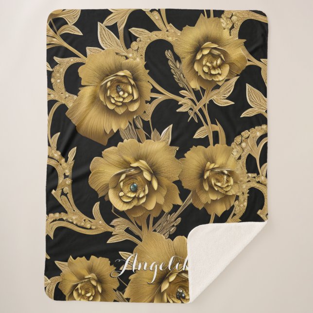 Cobertor Sherpa Floral Name Throw Blanket - Preto e Dourado (Frente)