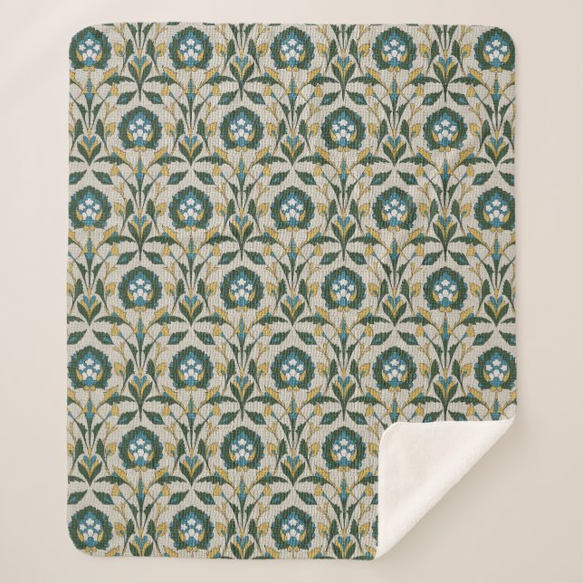 Cobertor Sherpa Floral Persa Verde-Teal e Escuro (Frente)