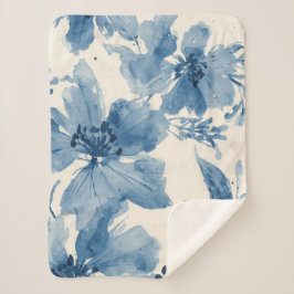 Cobertor Sherpa Floral Pintado Botânico Caprichoso Aquarela Azul