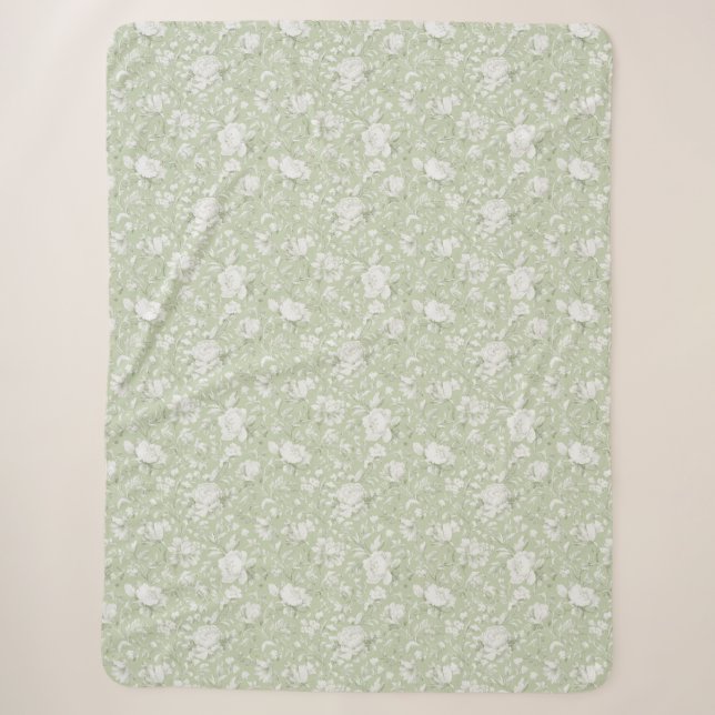 Cobertor Sherpa Floral Romântico Verde Branco   (Frente)