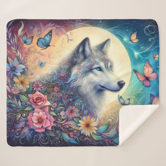 Cobertor Sherpa Floral Spirit: The Wolf in Bloom (Frente (Horizontal))