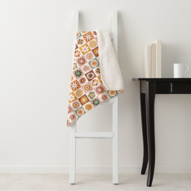 Cobertor Sherpa Floral Xadrez Groovy Retro (In Situ)
