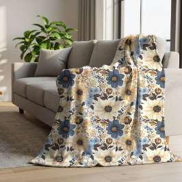 Cobertor Sherpa Flores Azuis Boêmias Opulentas Marrons Plush