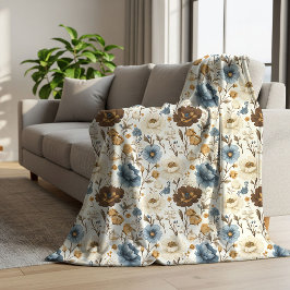 Cobertor Sherpa Flores Azuis de Terracota Estilo Boêmio Opulento
