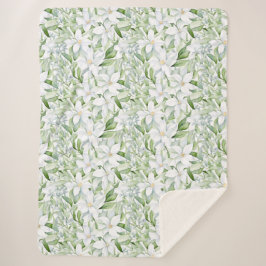 Cobertor Sherpa Flores Brancas bonito De Aquarela Folhagem Verde