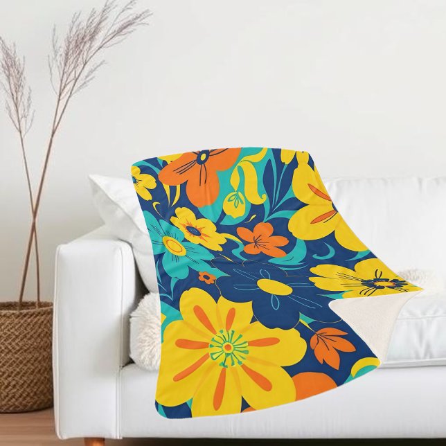 Cobertor Sherpa Flores Coloridas Rush Blooms-Dopamina-Estilo-Retro (Color Rush Blooms –Dopamine Style- Sherpa Blanket)