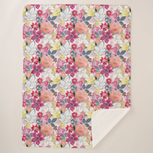 Cobertor Sherpa Flores cor-de-água, cor-de-rosa.