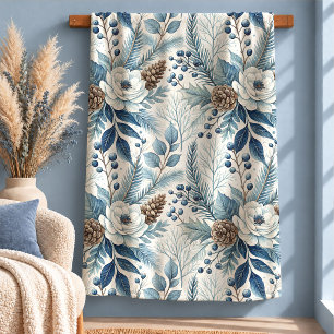 Cobertor Sherpa Flores de Inverno Elegantes em Azul Naval de Cone