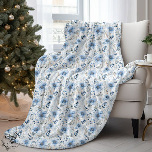 Cobertor Sherpa Flores de Inverno em Aquarela Azul