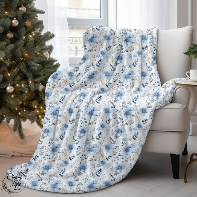Cobertor Sherpa Flores de Inverno em Aquarela Azul (Criador carregado)
