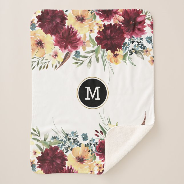 Cobertor Sherpa Flores de jardim borda vermelho profundo e amarelo (Frente)