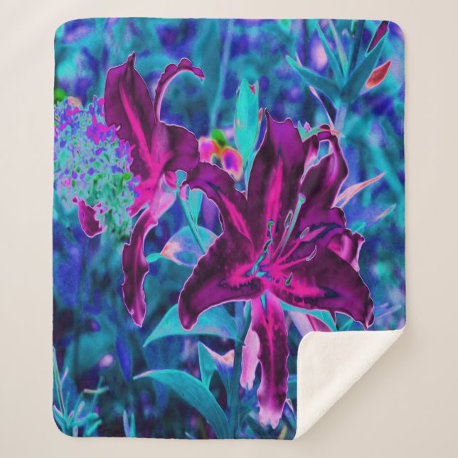 Cobertor Sherpa Flores de Lírio Oriental Abstrato Roxo e Rosa Quen (Frente)
