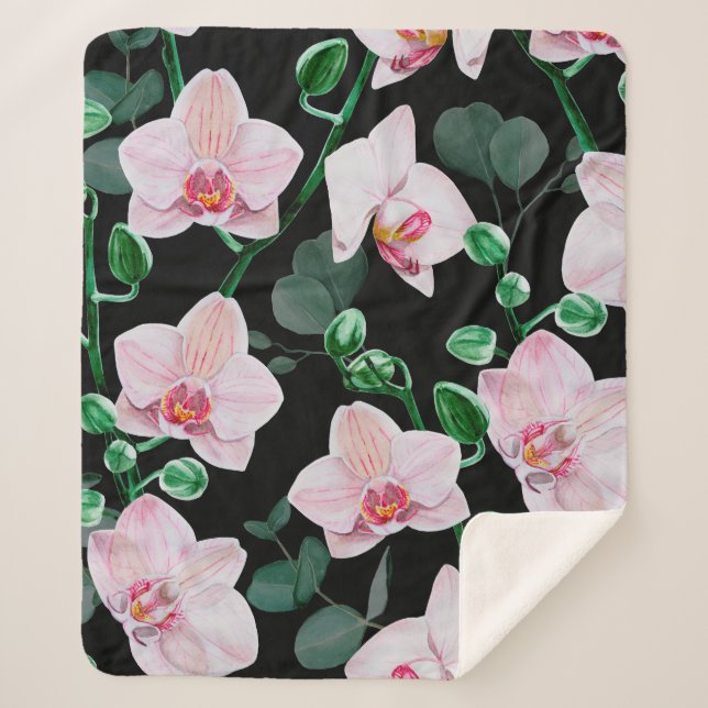 Cobertor Sherpa Flores de orquídeas aquáticas e eucalipto folhas p (Frente)