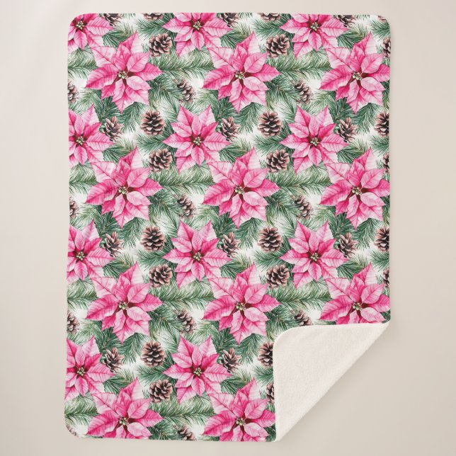 Cobertor Sherpa Flores de Poinsettia Glam Prata Rosa (Frente)