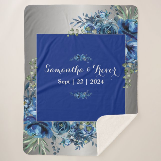 Cobertor Sherpa Flores de Prata e Azul (Frente)