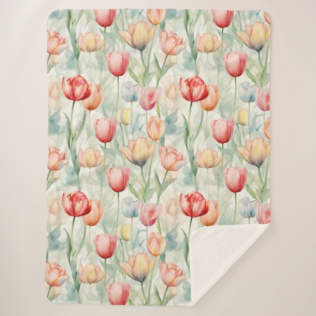 Cobertor Sherpa Flores de Tulipa Azul Amarelo Vermelho (Frente)