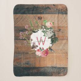 Cobertor Sherpa Flores De Vintagem De Madeira Rústica Monogramada