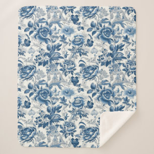 Cobertor Sherpa Flores Florais de Chinoiserie Blue e White Peonies