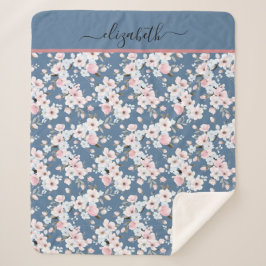 Cobertor Sherpa Flores Florais Rosa Branco Azul Escuro Monograma 