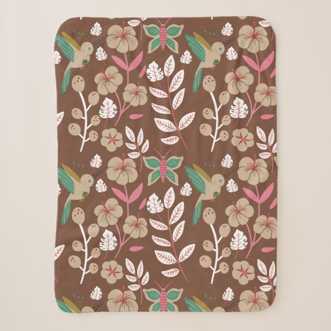 Cobertor Sherpa Flores, flores, folhas, borboletas, sem costura, (Frente)