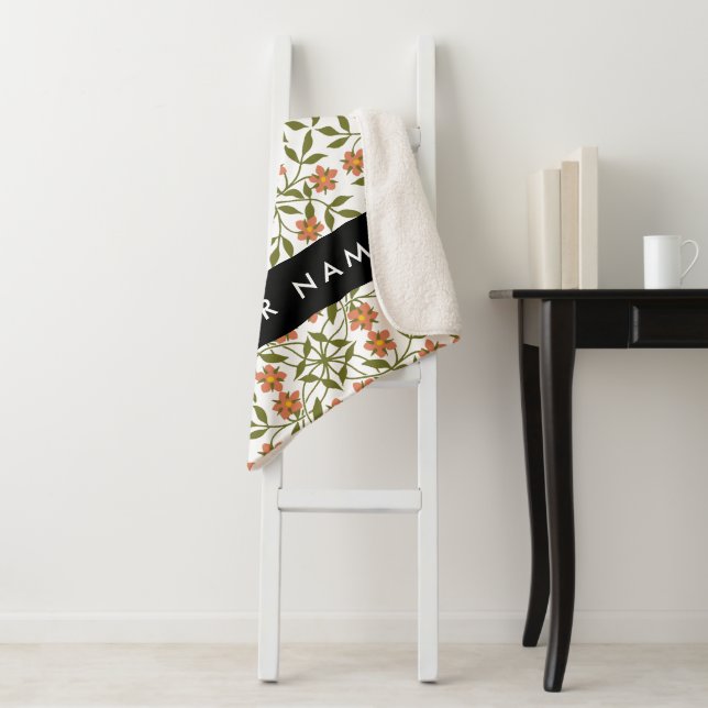 Cobertor Sherpa Flores Laranja, Padrão Floral, Boho, Seu Nome (In Situ)