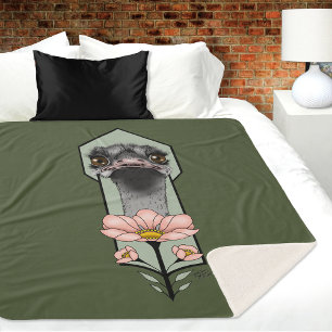 Cobertor Sherpa Flores Rosa de Avestruz Verde Oliva Art Déco