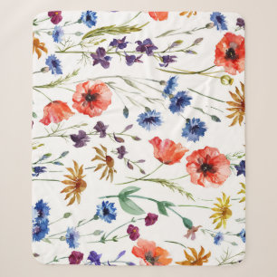 Cobertor Sherpa Flores Selvagens Aquarelas Cachorro Poppy Chamomil
