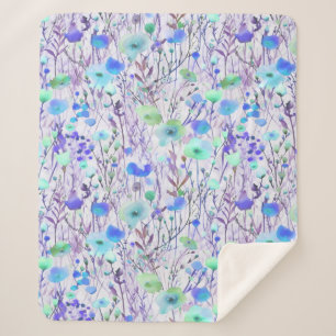Cobertor Sherpa Flores silvestres elegantes aquarela azul turquesa