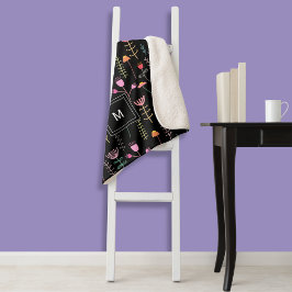 Cobertor Sherpa Flores Silvestres Neon em Preto, com monograma