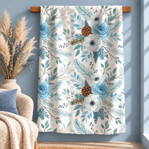 Cobertor Sherpa Flores Sonhadoras de Inverno Azul Cone de Pinheiro