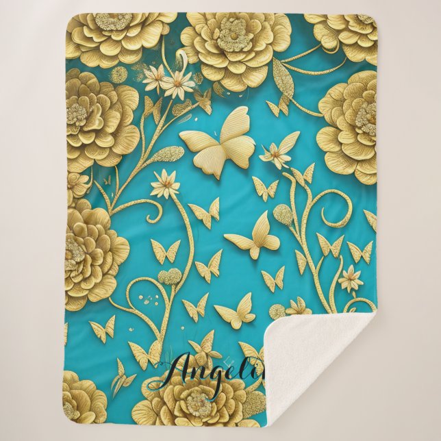 Cobertor Sherpa Flores Teal e Douradas Nome Personalizado (Frente)